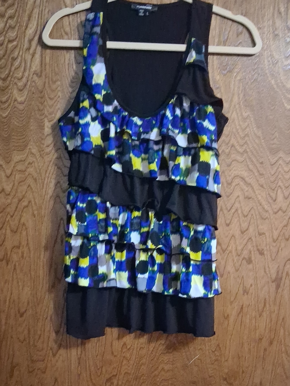My Michelle Black Tank with Blue, Yellow & White Abstract Ruffle Print
